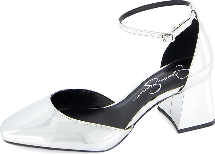 Jessica Simpson Fulian Ankle Strap Block Heel Pump High Women's Heels Silver : 5.5 M, Suede - Image 5