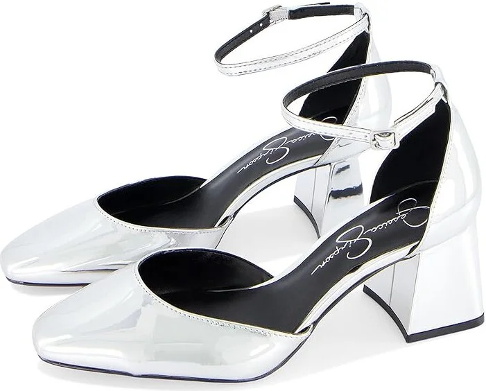 Jessica Simpson Fulian Ankle Strap Block Heel Pump High Women's Heels Silver : 5.5 M, Suede
