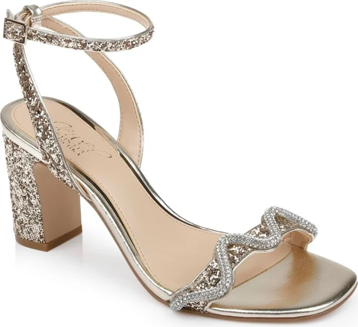 Jewel Badgley Mischka Women's Gem Wavy Ornament Block Heel Evening Sandals
