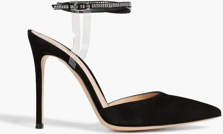 Jewel crystal-embellished PVC and suede pumps