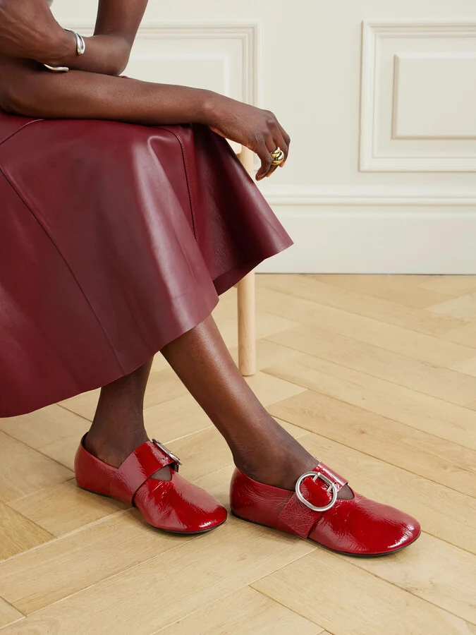 Jil Sander - Crinkled Patent-leather Mary-jane Ballet Flats - Red - Image 2