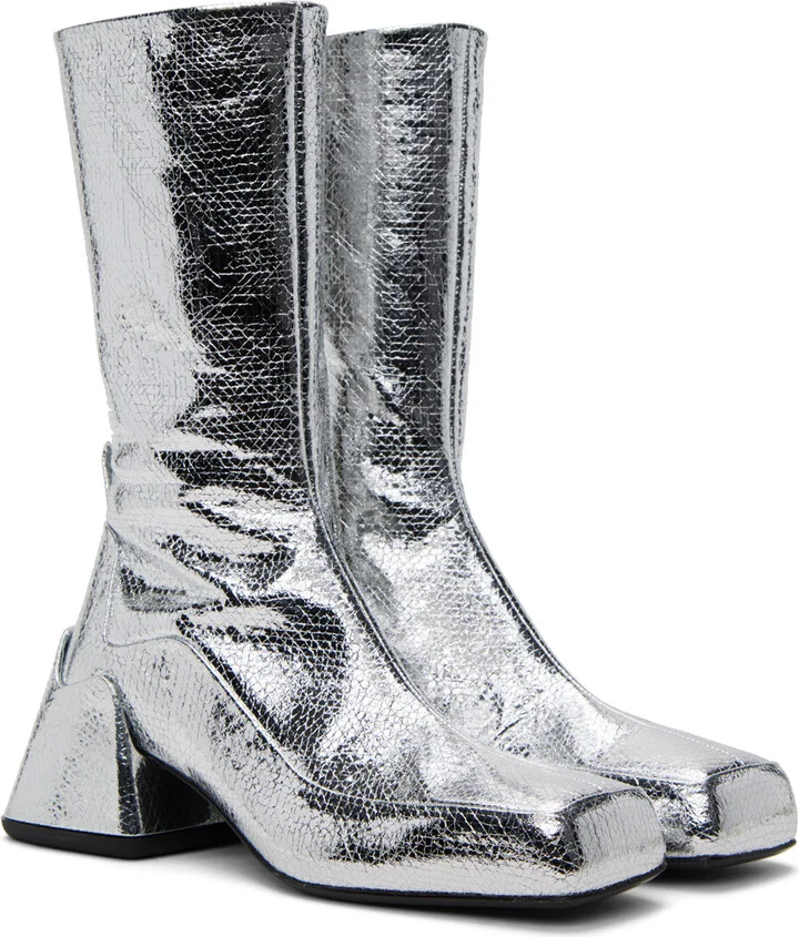 Jil Sander Silver Lamé Crackle Boots - Image 4