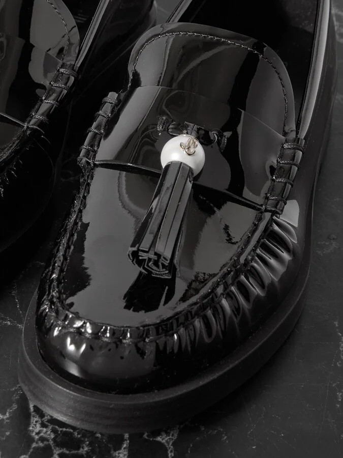 Jimmy Choo - Addie Faux Pearl-embellished Tasseled Patent-leather Loafers - Black - Image 4
