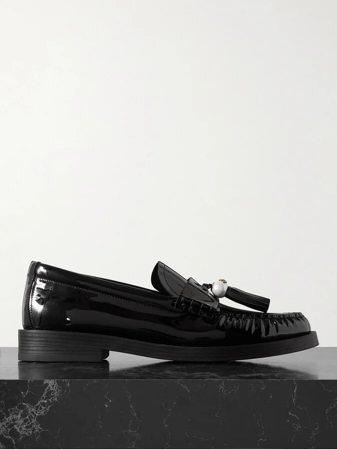 Jimmy Choo - Addie Faux Pearl-embellished Tasseled Patent-leather Loafers - Black