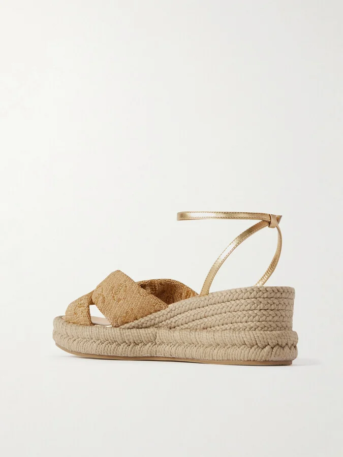 Jimmy Choo - Aella 60 Raffia-jacquard And Leather Wedge Sandals - Gold - Image 3