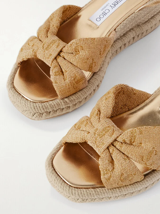Jimmy Choo - Aella 60 Raffia-jacquard And Leather Wedge Sandals - Gold - Image 4