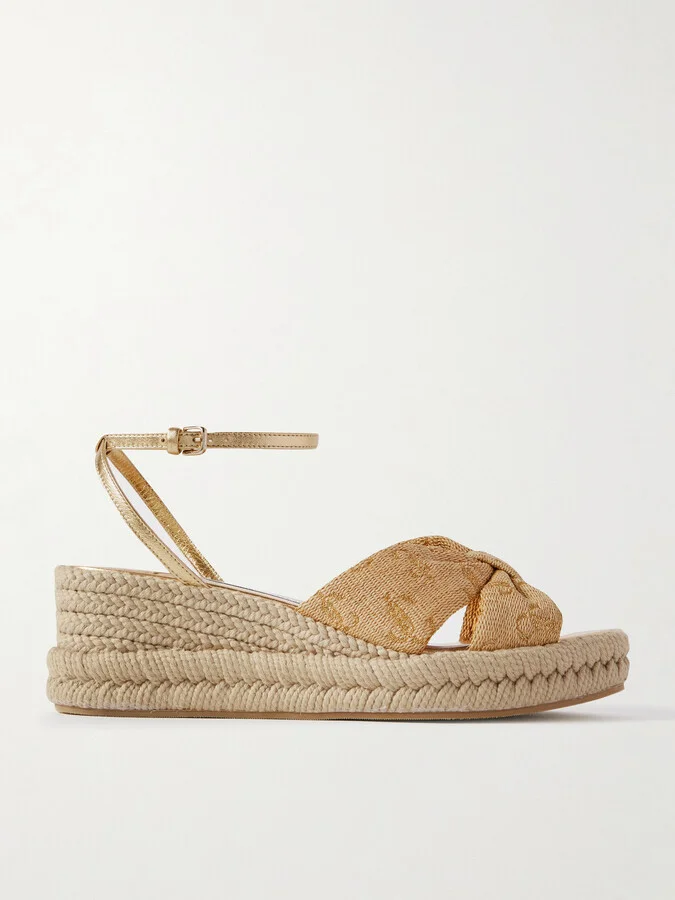 Jimmy Choo - Aella 60 Raffia-jacquard And Leather Wedge Sandals - Gold