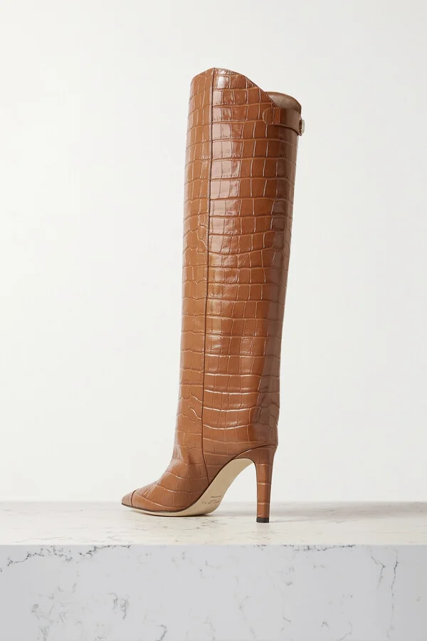 Jimmy Choo - Alizze 85 Croc-effect Glossed-leather Knee Boots - Brown - Image 3