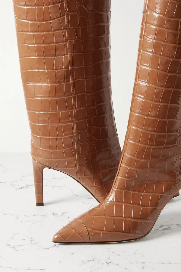 Jimmy Choo - Alizze 85 Croc-effect Glossed-leather Knee Boots - Brown - Image 4