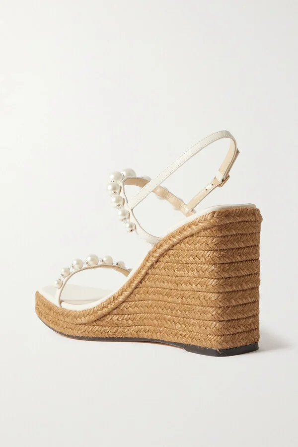 Jimmy Choo - Amatuus 110 Embellished Leather Espadrille Wedge Sandals - White - Image 3