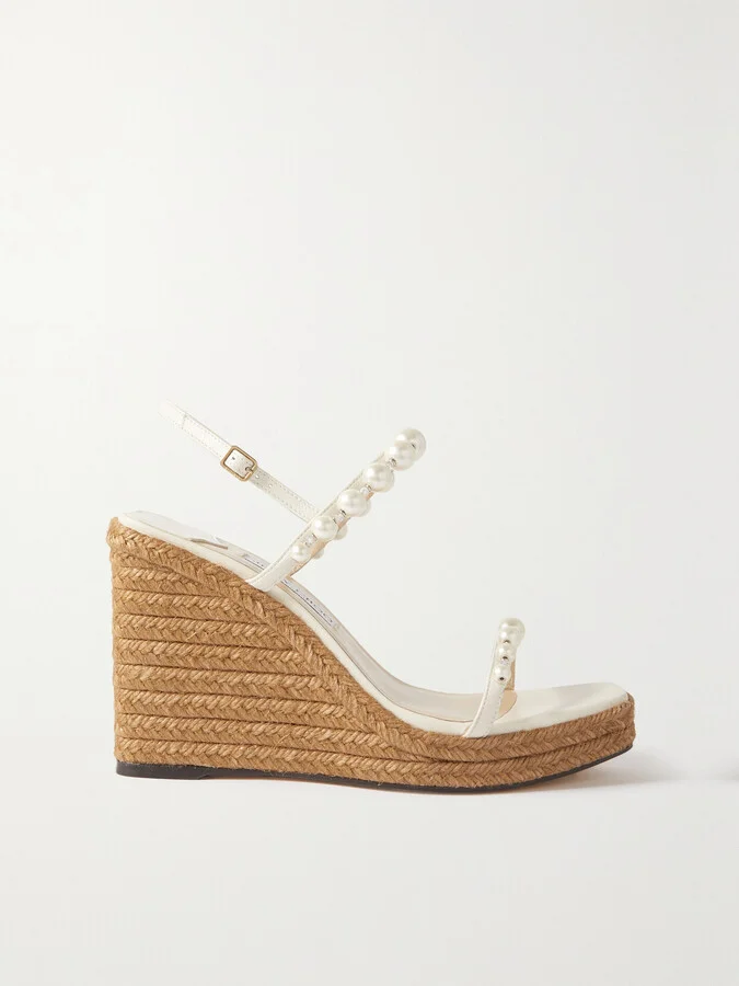 Jimmy Choo - Amatuus 110 Embellished Leather Espadrille Wedge Sandals - White