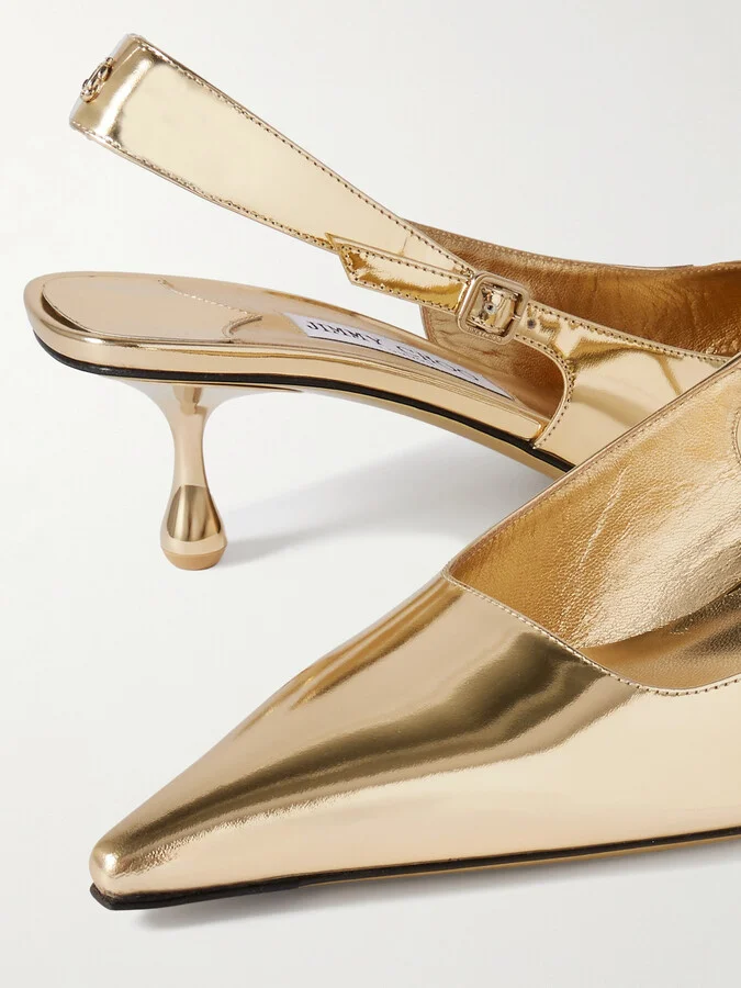 Jimmy Choo - Amel 50 Logo-embellished Metallic Leather Slingback Pumps - Gold - Image 4