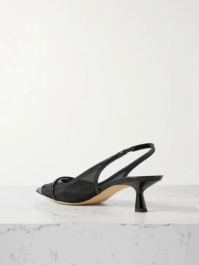 Jimmy Choo - Amita 45 Faux Pearl-embellished Leather-trimmed Mesh Slingback Pumps - Black - Image 3