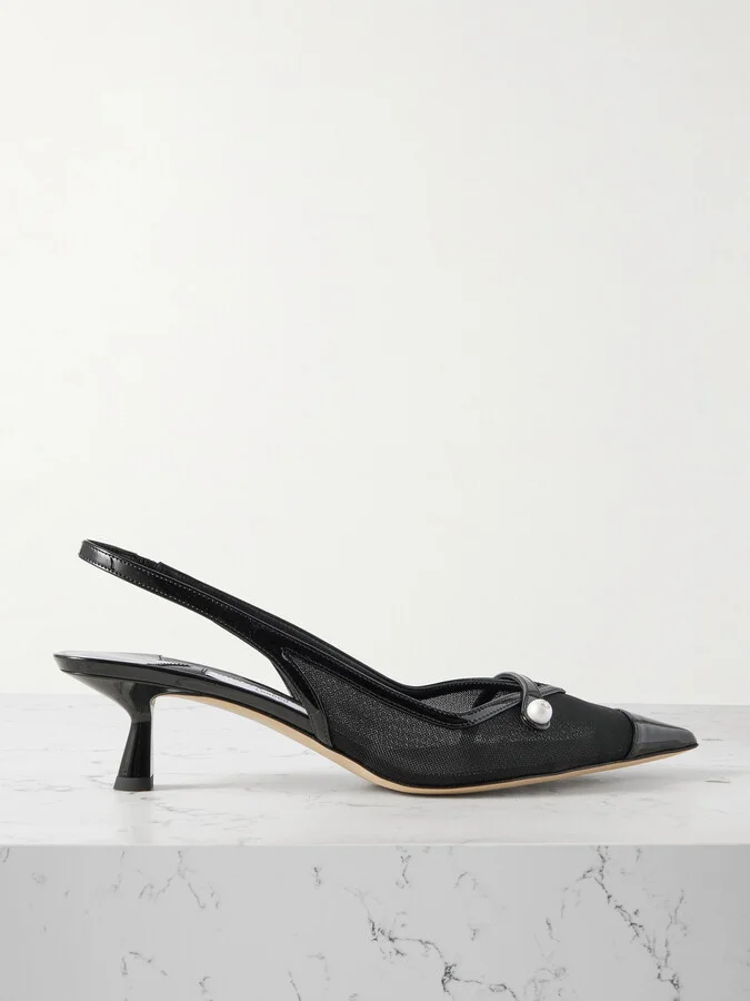 Jimmy Choo - Amita 45 Faux Pearl-embellished Leather-trimmed Mesh Slingback Pumps - Black