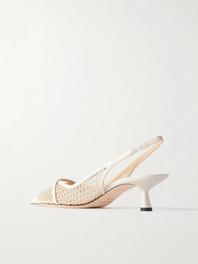 Jimmy Choo - Amita 45 Faux-pearl Embellished Leather-trimmed Mesh Slingback Pumps - White - Image 3