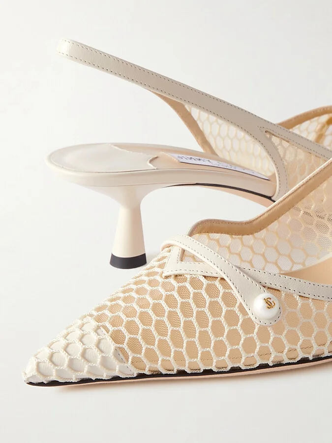 Jimmy Choo - Amita 45 Faux-pearl Embellished Leather-trimmed Mesh Slingback Pumps - White - Image 4