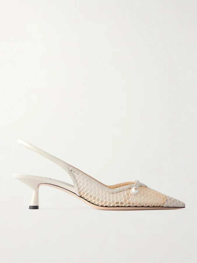 Jimmy Choo - Amita 45 Faux-pearl Embellished Leather-trimmed Mesh Slingback Pumps - White