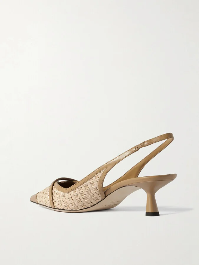 Jimmy Choo - Amita 45 Faux Pearl-embellished Leather-trimmed Raffia Slingback Pumps - Brown - Image 3