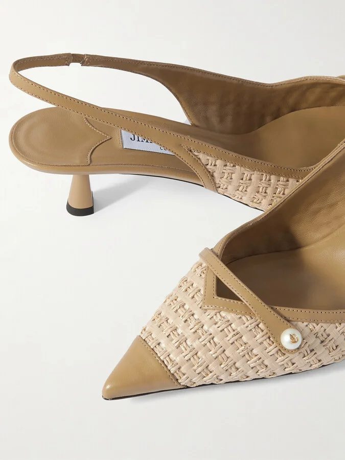Jimmy Choo - Amita 45 Faux Pearl-embellished Leather-trimmed Raffia Slingback Pumps - Brown - Image 4