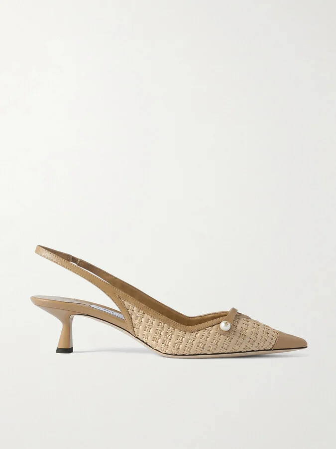 Jimmy Choo - Amita 45 Faux Pearl-embellished Leather-trimmed Raffia Slingback Pumps - Brown