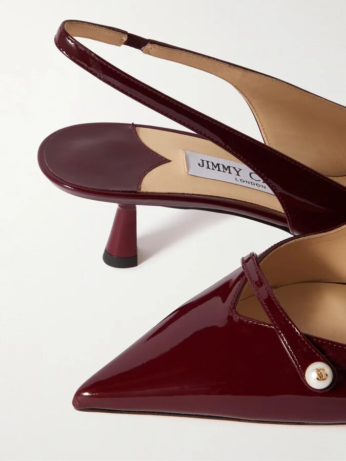 Jimmy Choo - Amita 45 Faux Pearl-embellished Patent-leather Slingback Pumps - Burgundy - Image 4
