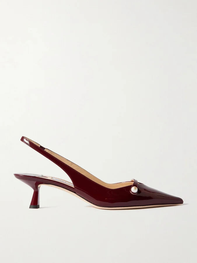 Jimmy Choo - Amita 45 Faux Pearl-embellished Patent-leather Slingback Pumps - Burgundy