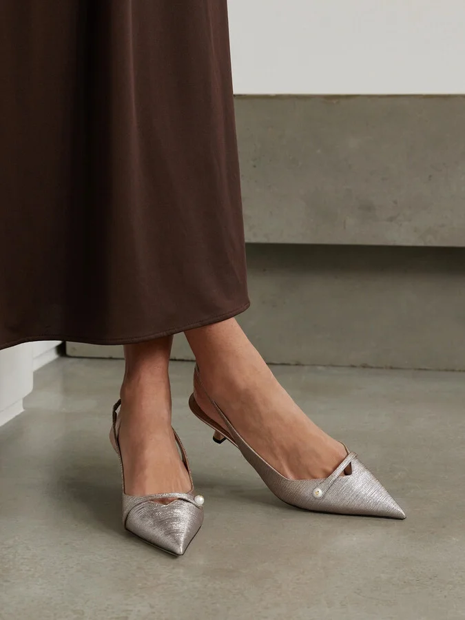Jimmy Choo - Amita 45 Glittered Leather Point-toe Slingback Pumps - Gray - Image 2