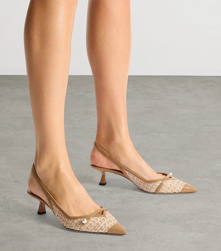 Jimmy Choo Amita 45 Leather-Trim Raffia Slingback Pumps - Image 2