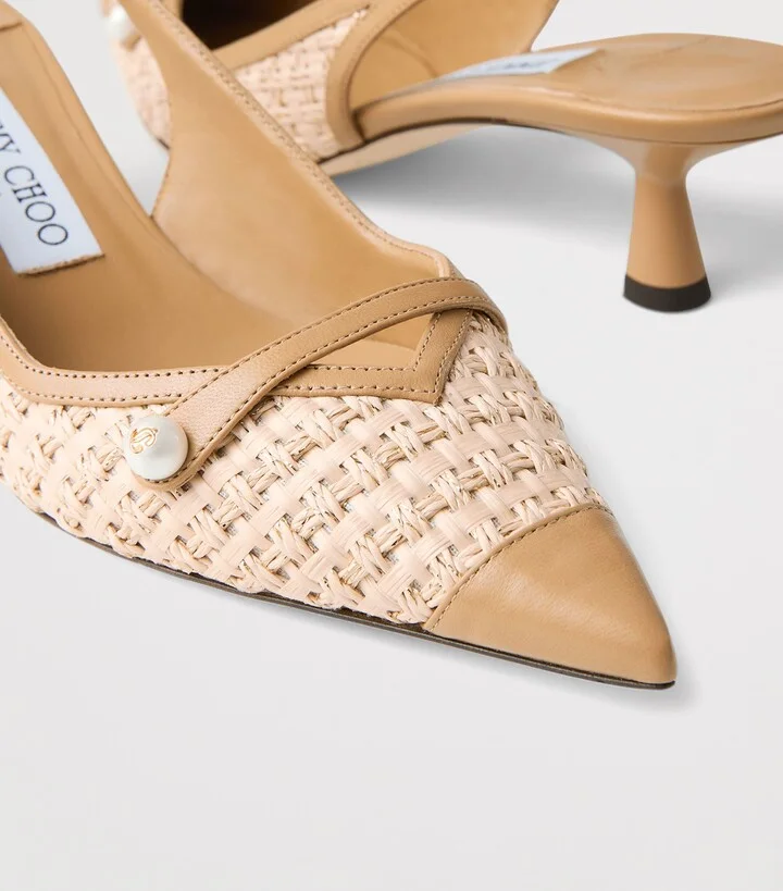 Jimmy Choo Amita 45 Leather-Trim Raffia Slingback Pumps - Image 3