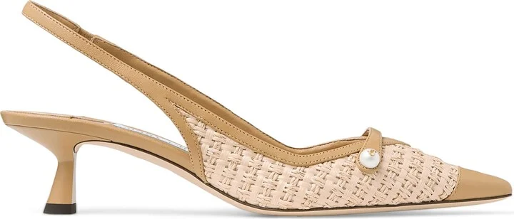 Jimmy Choo Amita 45 Leather-Trim Raffia Slingback Pumps