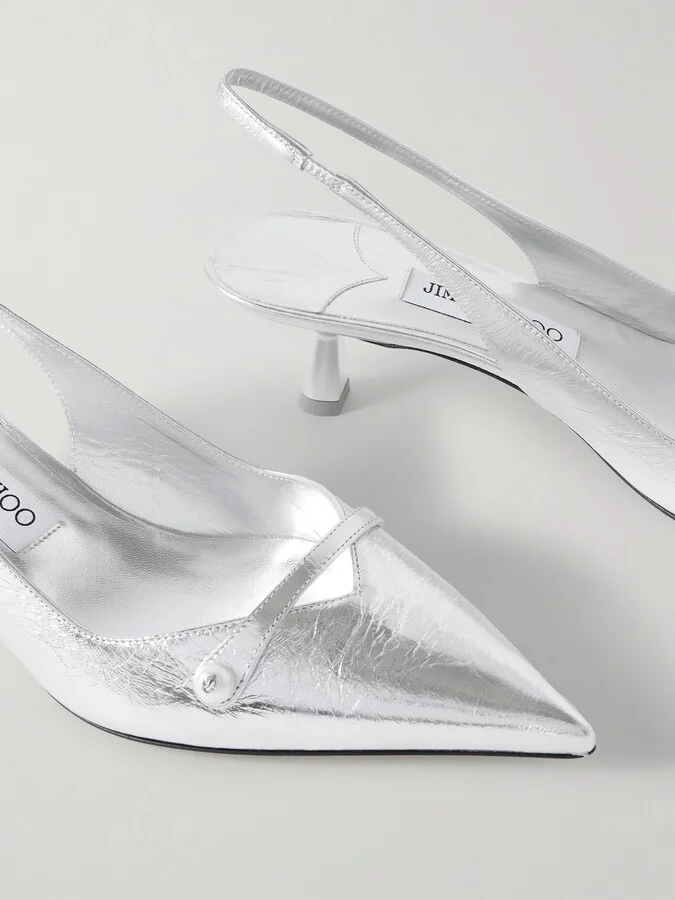 Jimmy Choo - Amita 45 Metallic Leather Point-toe Slingback Pumps - Silver - Image 4