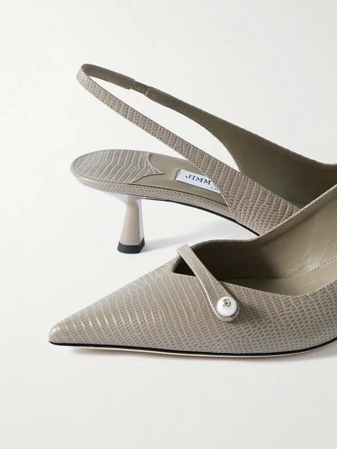 Jimmy Choo - Amita 45 Snake-effect Leather Point-toe Slingback Pumps - Neutrals - Image 4