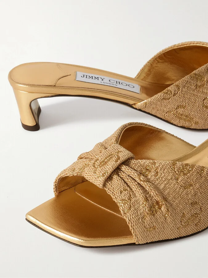 Jimmy Choo - Annika 35 Metallic Raffia-jacquard Mules - Gold - Image 4