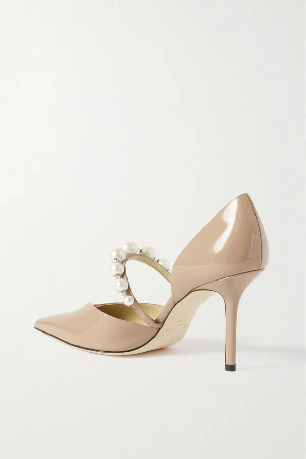 Jimmy Choo - Aurelie 85 Embellished Patent-leather Point-toe Pumps - Neutrals - Image 3