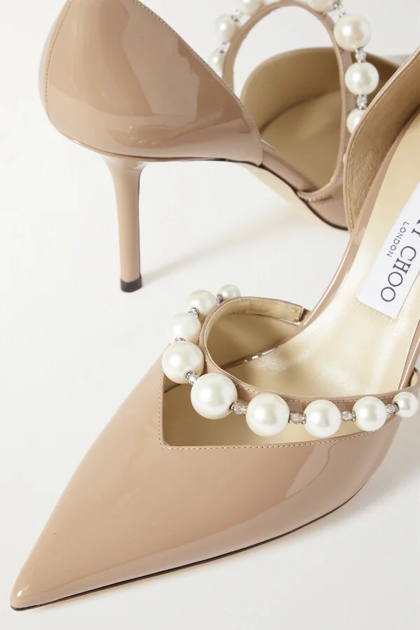 Jimmy Choo - Aurelie 85 Embellished Patent-leather Point-toe Pumps - Neutrals - Image 4