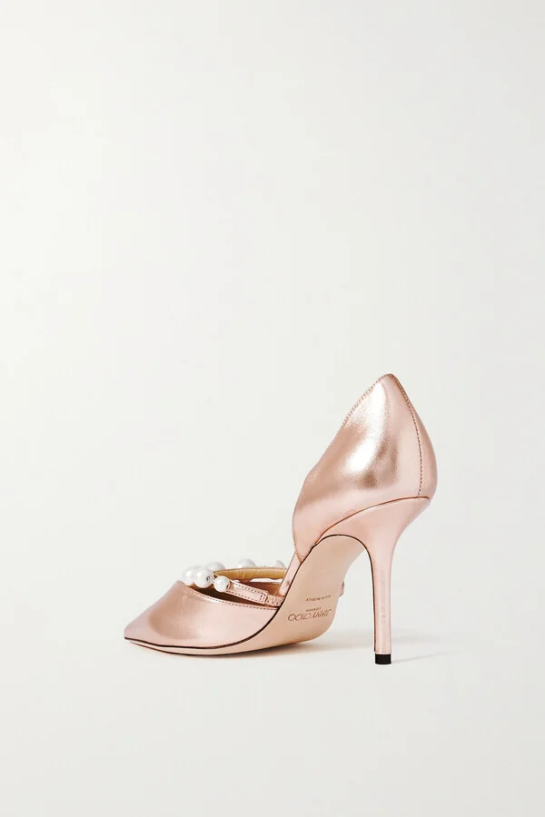 Jimmy Choo - Aurelie 85 Faux Pearl-embellished Metallic Leather Pumps - Pink - Image 3