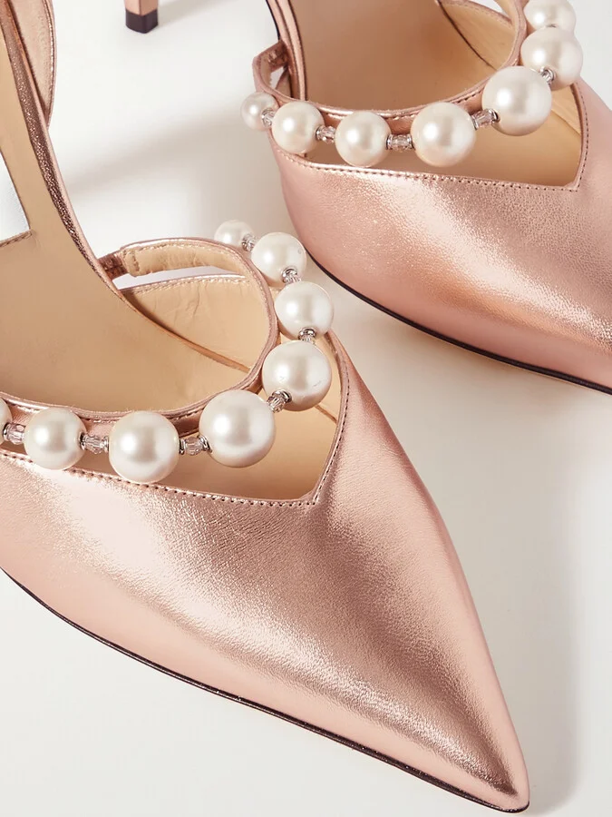 Jimmy Choo - Aurelie 85 Faux Pearl-embellished Metallic Leather Pumps - Pink - Image 4
