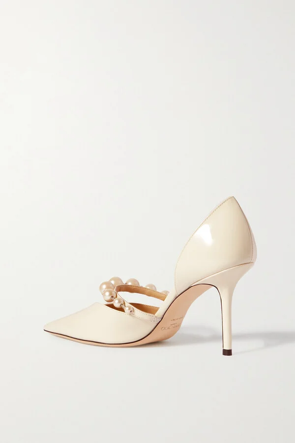 Jimmy Choo - Aurelie 85 Faux Pearl-embellished Patent-leather Pumps - White - Image 3