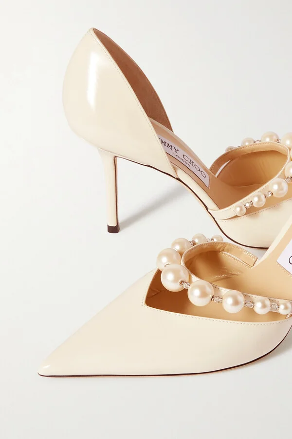 Jimmy Choo - Aurelie 85 Faux Pearl-embellished Patent-leather Pumps - White - Image 4