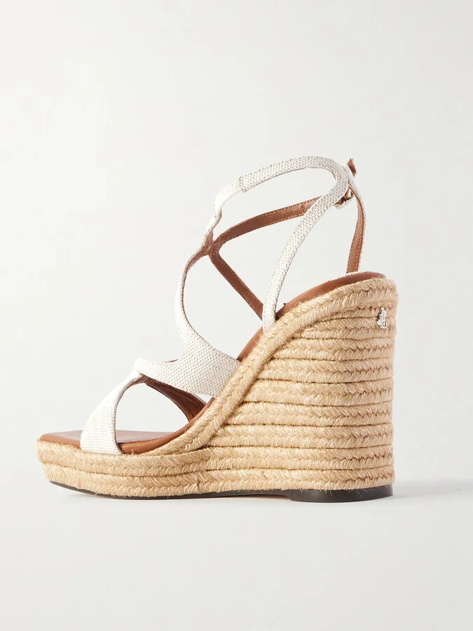 Jimmy Choo - Ayla 110 Leather-trimmed Canvas Espadrille Wedge Sandals - Cream - Image 3