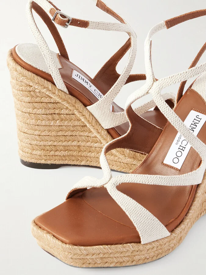 Jimmy Choo - Ayla 110 Leather-trimmed Canvas Espadrille Wedge Sandals - Cream - Image 4