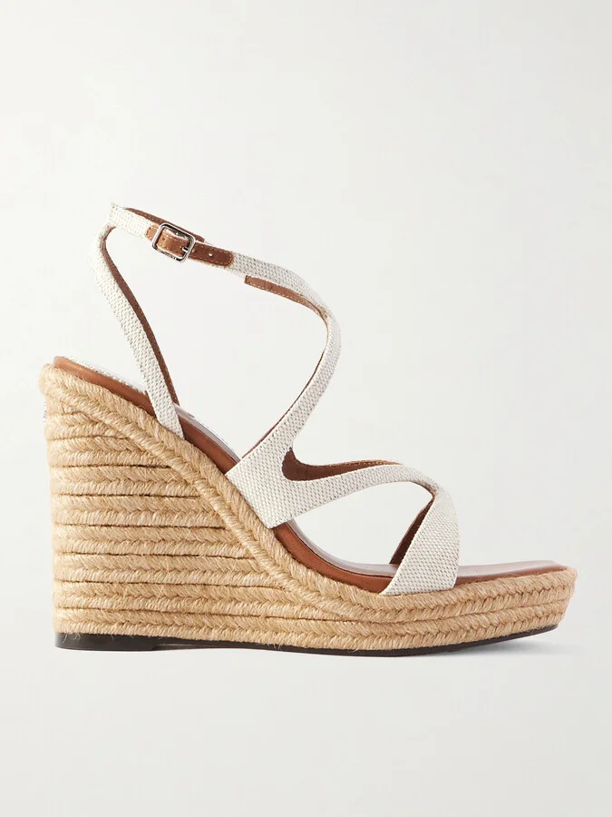 Jimmy Choo - Ayla 110 Leather-trimmed Canvas Espadrille Wedge Sandals - Cream