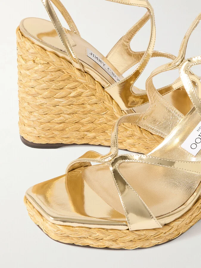 Jimmy Choo - Ayla 110 Metallic Leather Espadrille Wedge Sandals - Gold - Image 4