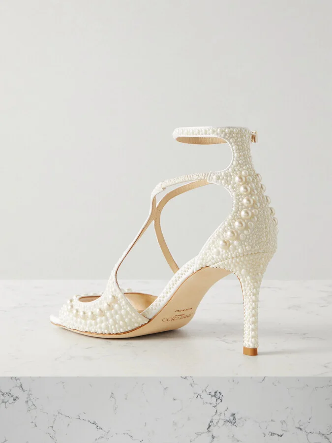 Jimmy Choo - Azia 75 Faux Pearl-embellished Satin Sandals - White - Image 3