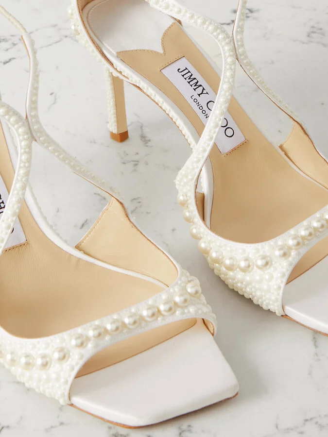 Jimmy Choo - Azia 75 Faux Pearl-embellished Satin Sandals - White - Image 4