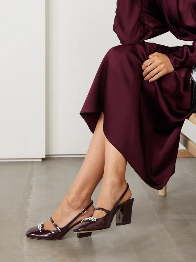 Jimmy Choo - Belinda 70 Crystal-embellished Patent-leather Slingback Pumps - Burgundy - Image 2