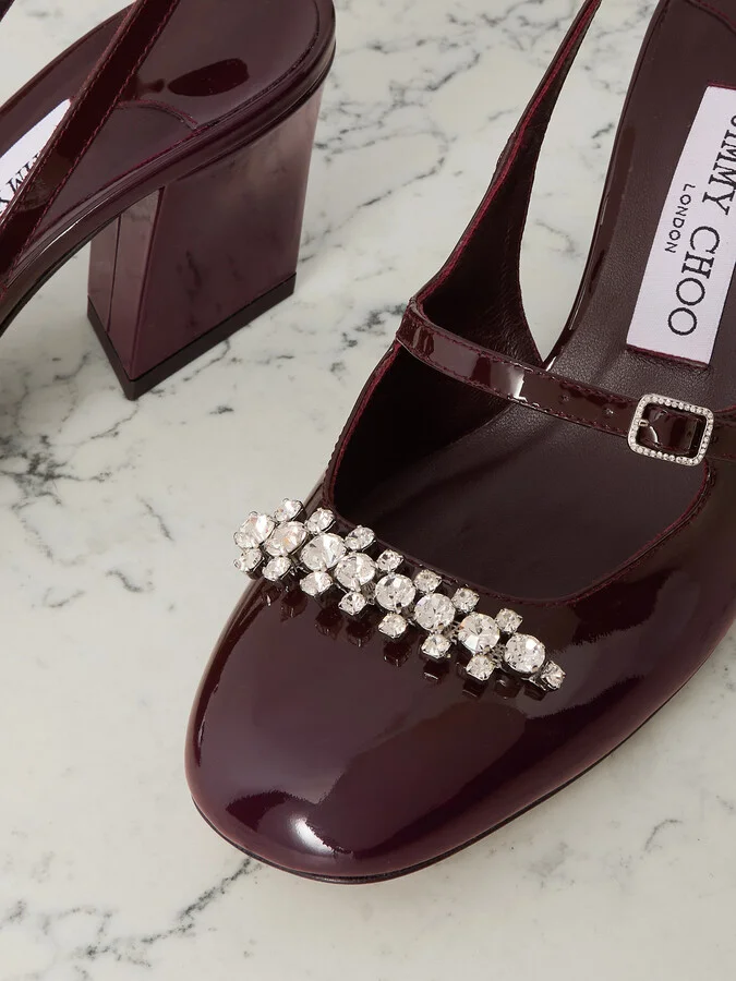 Jimmy Choo - Belinda 70 Crystal-embellished Patent-leather Slingback Pumps - Burgundy - Image 4