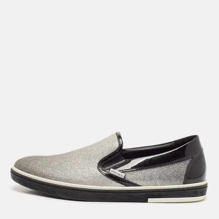 Jimmy Choo Black/Silver Patent Leather and Glitter Slip On Sneakers Size 44