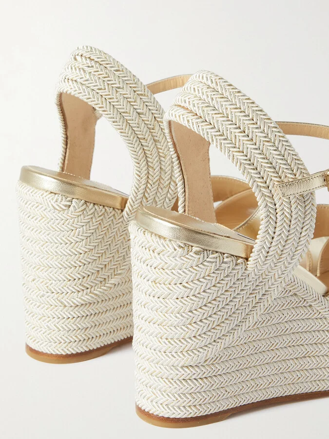Jimmy Choo - Dellena 100 Metallic Leather Espadrille Wedge Sandals - Neutrals - Image 4