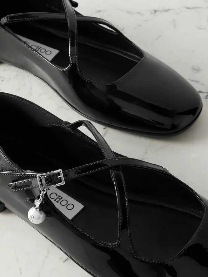Jimmy Choo - Eleri Collapsible-heel Embellished Patent-leather Ballet Flats - Black - Image 4